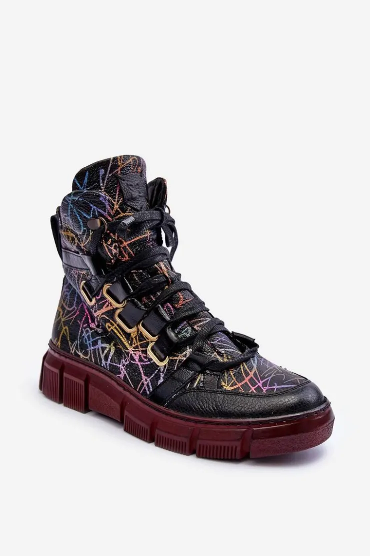 Maciejka Botki Maciejka|Botki Płaskie*Skórzane Płaskie Sznurowane Botki 06158-01 Czarne