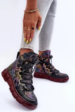 Maciejka Botki Maciejka|Botki Płaskie*Skórzane Płaskie Sznurowane Botki 06158-01 Czarne