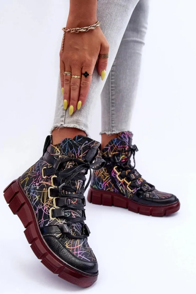 Maciejka Botki Maciejka|Botki Płaskie*Skórzane Płaskie Sznurowane Botki 06158-01 Czarne