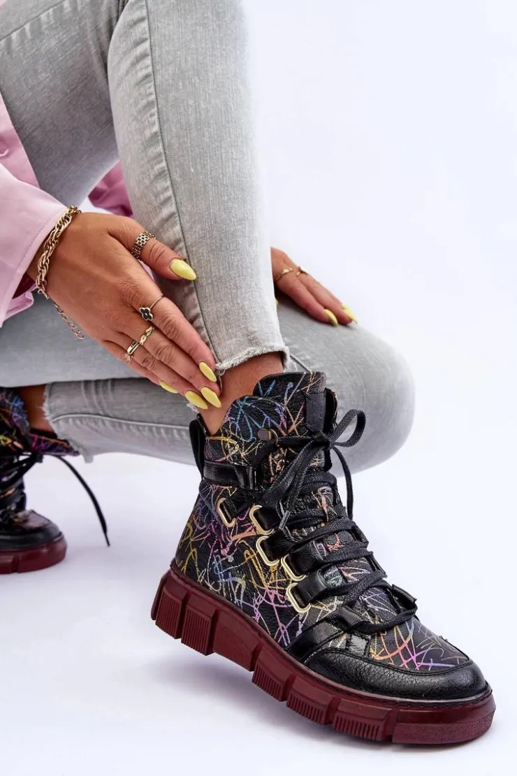 Maciejka Botki Maciejka|Botki Płaskie*Skórzane Płaskie Sznurowane Botki 06158-01 Czarne