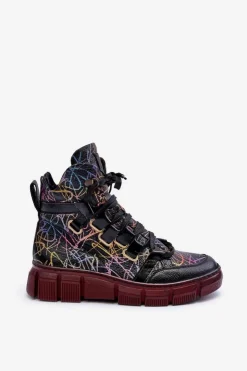 Maciejka Botki Maciejka|Botki Płaskie*Skórzane Płaskie Sznurowane Botki 06158-01 Czarne