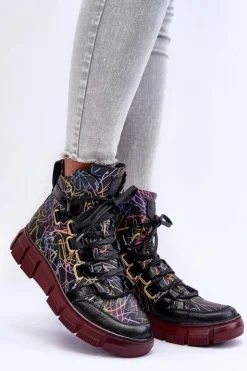 Maciejka Botki Maciejka|Botki Płaskie*Skórzane Płaskie Sznurowane Botki 06158-01 Czarne