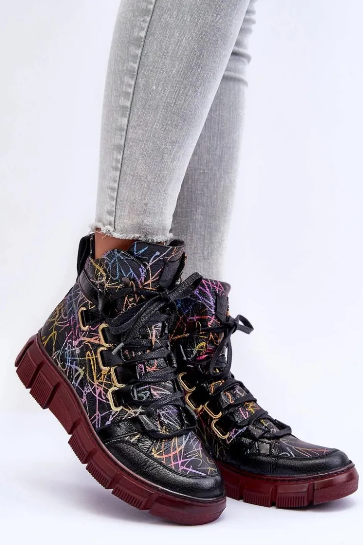 Maciejka Botki Maciejka|Botki Płaskie*Skórzane Płaskie Sznurowane Botki 06158-01 Czarne