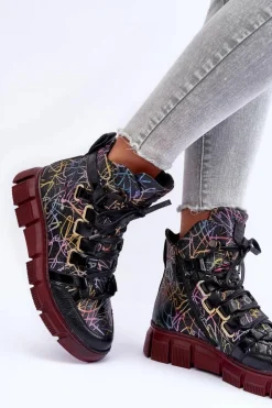 Maciejka Botki Maciejka|Botki Płaskie*Skórzane Płaskie Sznurowane Botki 06158-01 Czarne