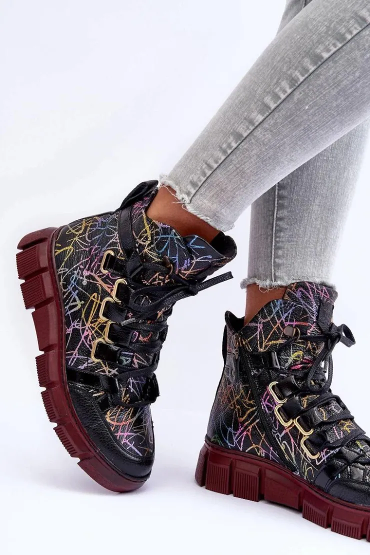 Maciejka Botki Maciejka|Botki Płaskie*Skórzane Płaskie Sznurowane Botki 06158-01 Czarne