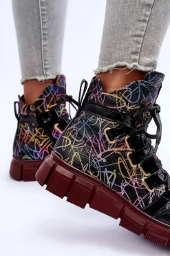 Maciejka Botki Maciejka|Botki Płaskie*Skórzane Płaskie Sznurowane Botki 06158-01 Czarne