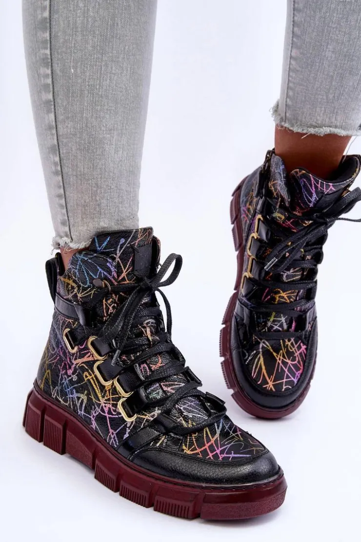 Maciejka Botki Maciejka|Botki Płaskie*Skórzane Płaskie Sznurowane Botki 06158-01 Czarne