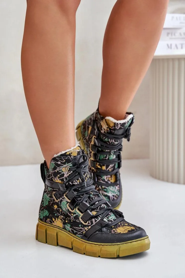 New Maciejka Skórzane Płaskie Sznurowane Botki 06158-07 Żółto-Czarne Złoty