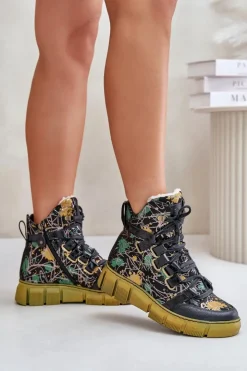 New Maciejka Skórzane Płaskie Sznurowane Botki 06158-07 Żółto-Czarne Złoty