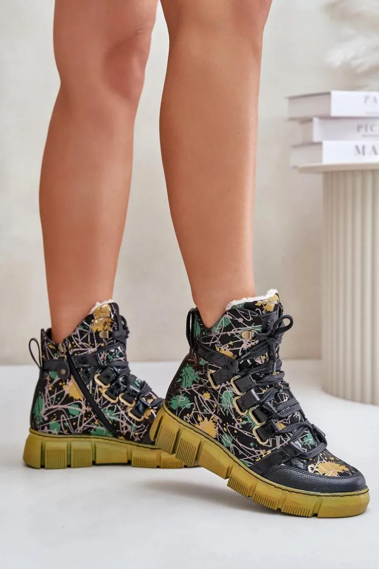 New Maciejka Skórzane Płaskie Sznurowane Botki 06158-07 Żółto-Czarne Złoty