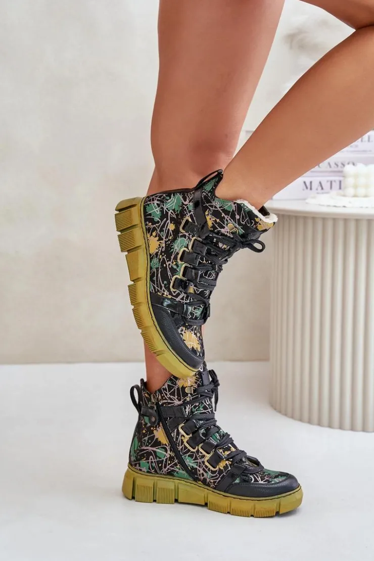 New Maciejka Skórzane Płaskie Sznurowane Botki 06158-07 Żółto-Czarne Złoty