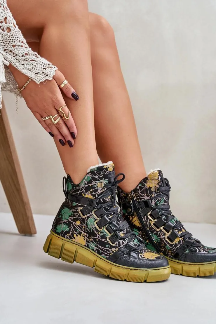 New Maciejka Skórzane Płaskie Sznurowane Botki 06158-07 Żółto-Czarne Złoty