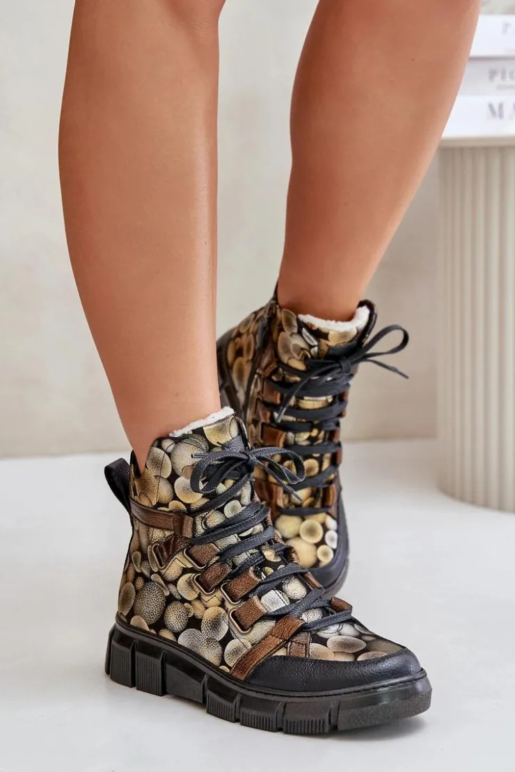 Damskie Maciejka Skórzane Płaskie Sznurowane Botki 06158-25 Złote