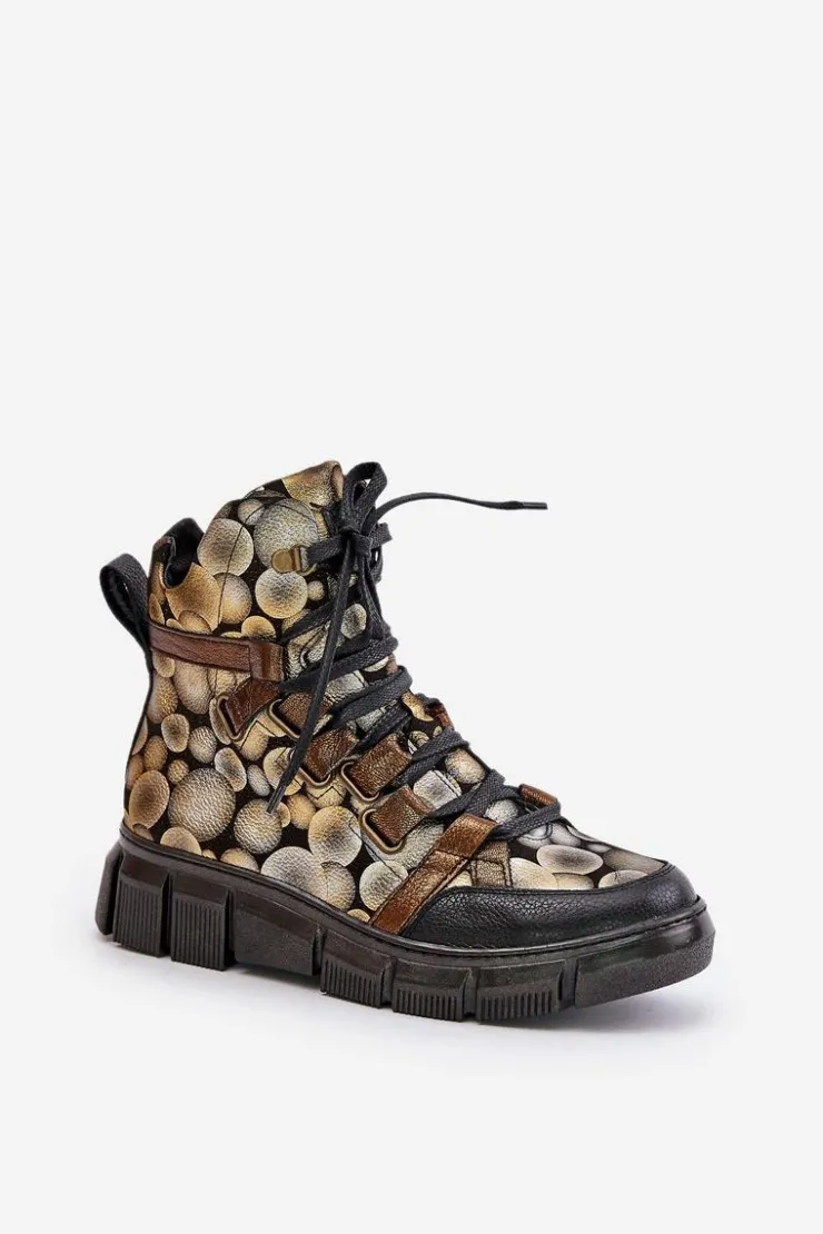 Damskie Maciejka Skórzane Płaskie Sznurowane Botki 06158-25 Złote