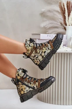 Damskie Maciejka Skórzane Płaskie Sznurowane Botki 06158-25 Złote