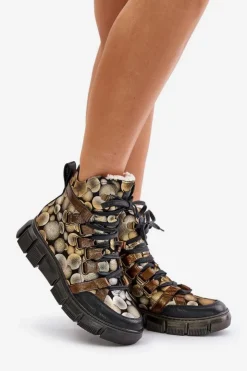 Damskie Maciejka Skórzane Płaskie Sznurowane Botki 06158-25 Złote