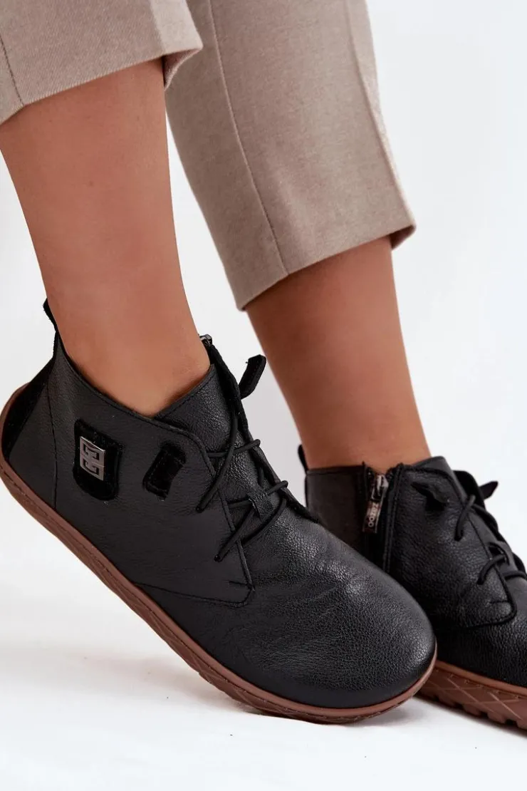 Zazoo Półbuty Skórzane|Barefoot*Skórzane Półbuty Barefoot Damskie Z Ozdobnym Detalem 30072 Czarne Czarny