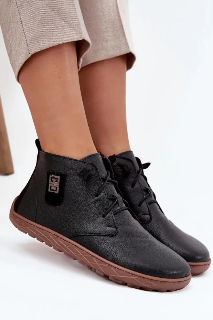 Zazoo Półbuty Skórzane|Barefoot*Skórzane Półbuty Barefoot Damskie Z Ozdobnym Detalem 30072 Czarne Czarny