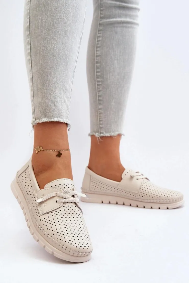 Outlet Buty damskie Vinceza Skórzane Półbuty Damskie Ażurowe Beżowe Darnissa