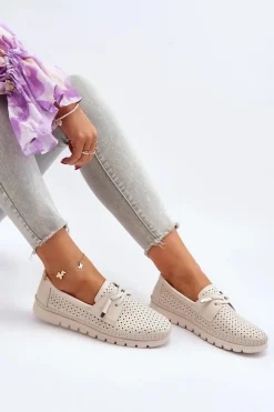 Outlet Buty damskie Vinceza Skórzane Półbuty Damskie Ażurowe Beżowe Darnissa