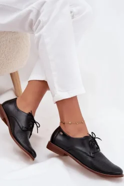 Damskie Zazoo Skórzane Półbuty Damskie Eleganckie Sznurowane 4238 Czarne