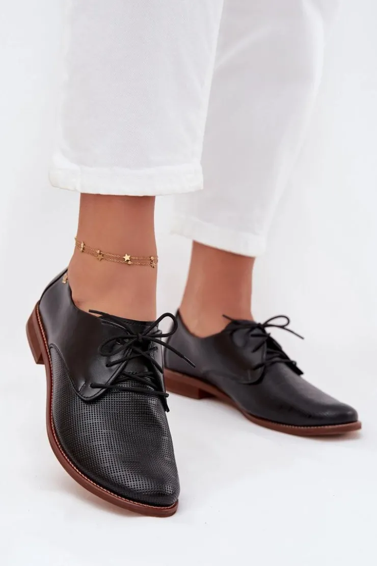 Damskie Zazoo Skórzane Półbuty Damskie Eleganckie Sznurowane 4238 Czarne