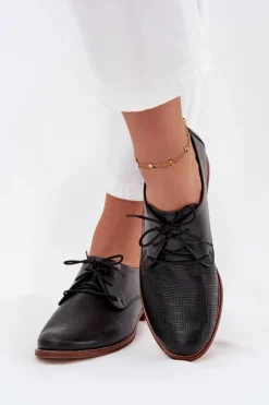 Damskie Zazoo Skórzane Półbuty Damskie Eleganckie Sznurowane 4238 Czarne