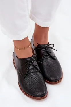 Damskie Zazoo Skórzane Półbuty Damskie Eleganckie Sznurowane 4238 Czarne