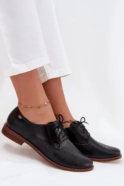 Damskie Zazoo Skórzane Półbuty Damskie Eleganckie Sznurowane 4238 Czarne