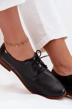 Damskie Zazoo Skórzane Półbuty Damskie Eleganckie Sznurowane 4238 Czarne