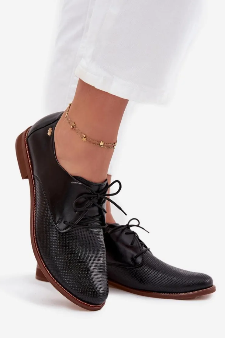 Damskie Zazoo Skórzane Półbuty Damskie Eleganckie Sznurowane 4238 Czarne