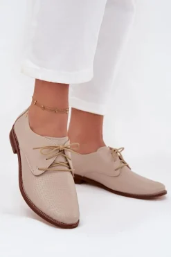 Zazoo Półbuty Skórzane*Skórzane Półbuty Damskie Eleganckie Sznurowane 4238 Beżowe Beżowy