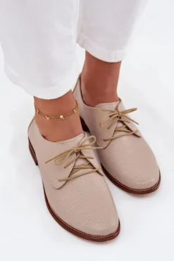 Zazoo Półbuty Skórzane*Skórzane Półbuty Damskie Eleganckie Sznurowane 4238 Beżowe Beżowy