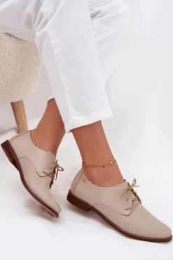 Zazoo Półbuty Skórzane*Skórzane Półbuty Damskie Eleganckie Sznurowane 4238 Beżowe Beżowy