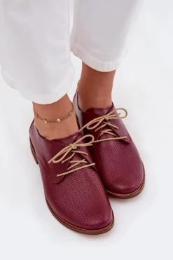 Online Zazoo Skórzane Półbuty Damskie Eleganckie Sznurowane 4238 Bordowe Czerwony