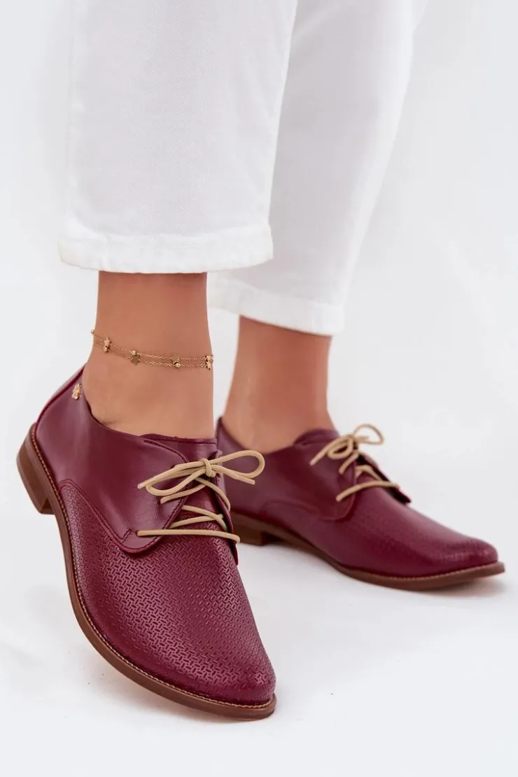 Online Zazoo Skórzane Półbuty Damskie Eleganckie Sznurowane 4238 Bordowe Czerwony