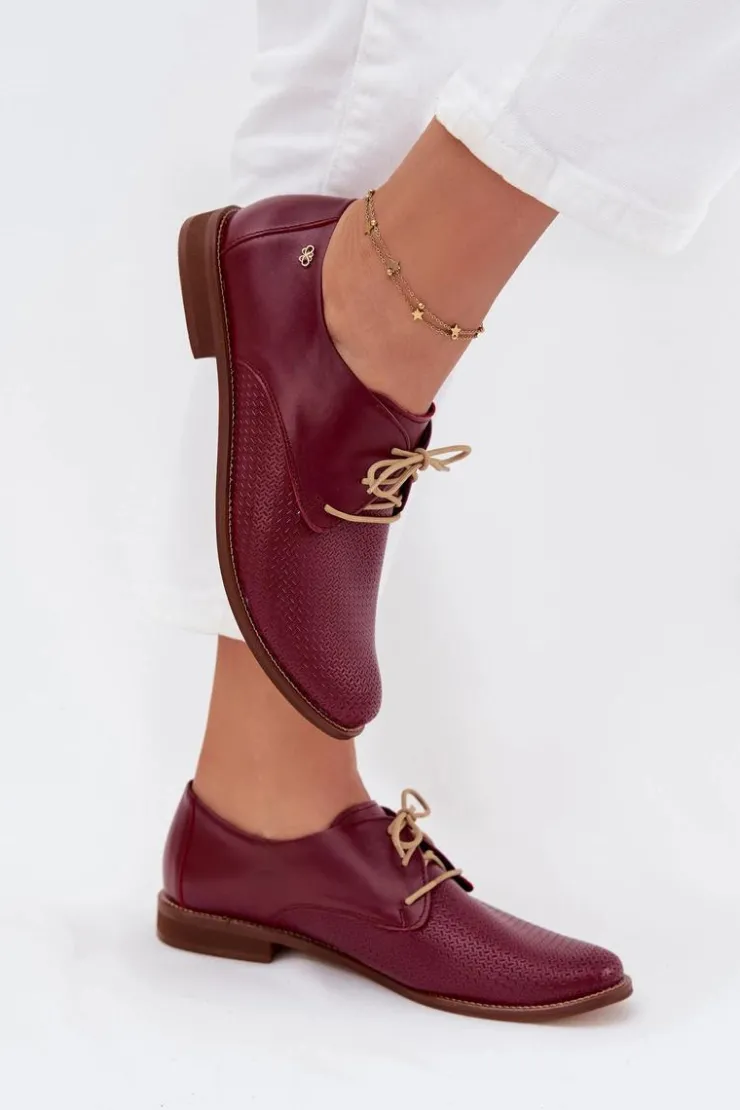 Online Zazoo Skórzane Półbuty Damskie Eleganckie Sznurowane 4238 Bordowe Czerwony