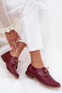 Online Zazoo Skórzane Półbuty Damskie Eleganckie Sznurowane 4238 Bordowe Czerwony