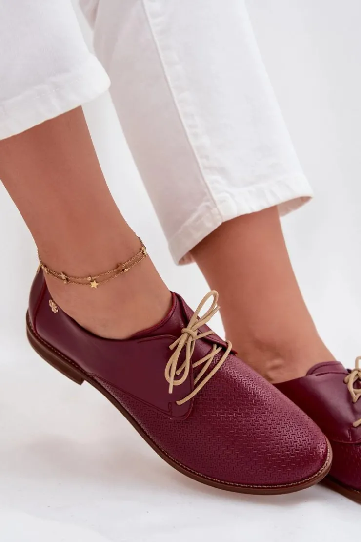 Online Zazoo Skórzane Półbuty Damskie Eleganckie Sznurowane 4238 Bordowe Czerwony