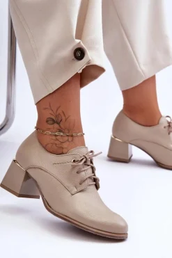 Damskie Boto Skórzane Półbuty Damskie Na Obcasie Beżowe Keria