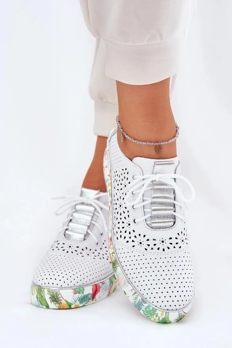 Best Artiker Skórzane Półbuty Damskie Na Koturnie 56C1799 Biało-Srebrne