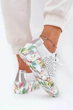 Best Artiker Skórzane Półbuty Damskie Na Koturnie 56C1799 Biało-Srebrne