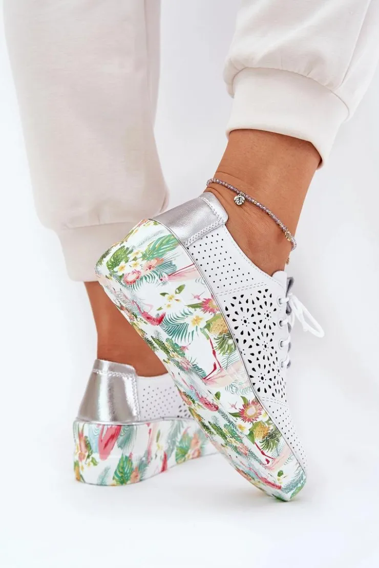 Best Artiker Skórzane Półbuty Damskie Na Koturnie 56C1799 Biało-Srebrne