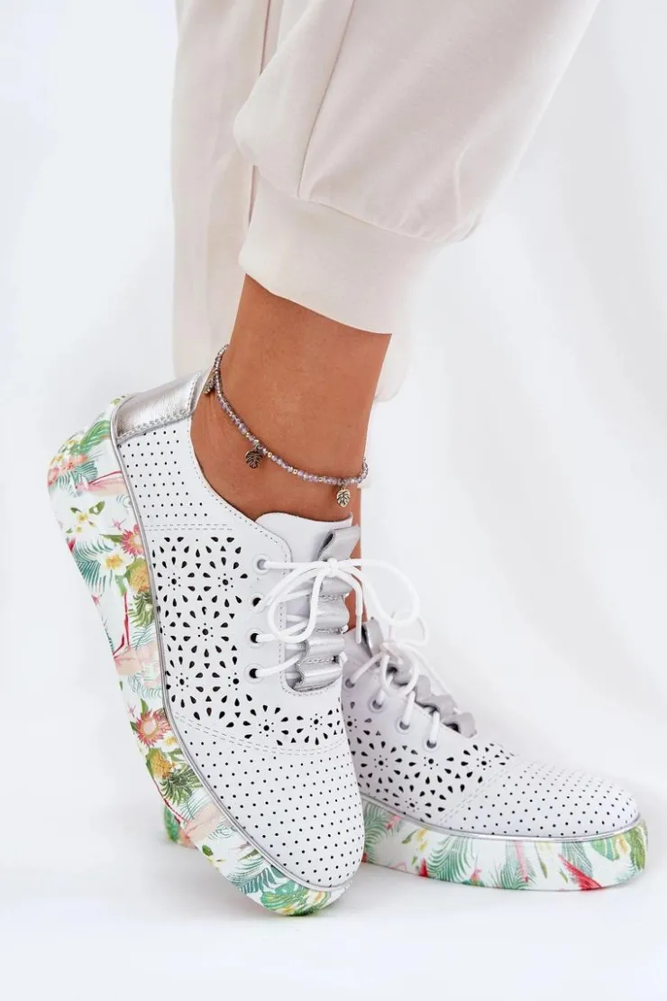 Best Artiker Skórzane Półbuty Damskie Na Koturnie 56C1799 Biało-Srebrne