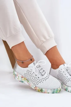 Best Artiker Skórzane Półbuty Damskie Na Koturnie 56C1799 Biało-Srebrne