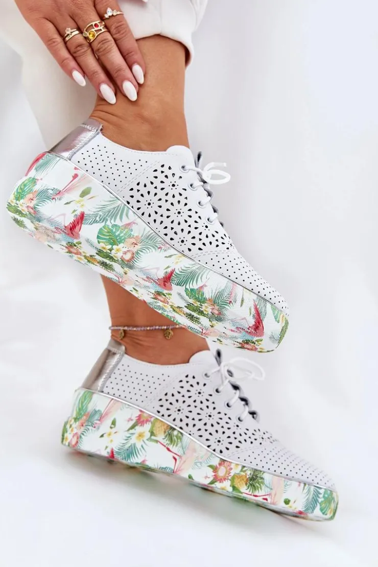 Best Artiker Skórzane Półbuty Damskie Na Koturnie 56C1799 Biało-Srebrne