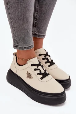 Damskie Buty damskie Vinceza Skórzane Półbuty Damskie Na Platformie Z Przypinką Vinceza 41495 Beżowe