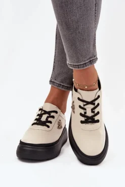 Damskie Buty damskie Vinceza Skórzane Półbuty Damskie Na Platformie Z Przypinką Vinceza 41495 Beżowe