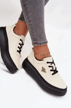 Damskie Buty damskie Vinceza Skórzane Półbuty Damskie Na Platformie Z Przypinką Vinceza 41495 Beżowe