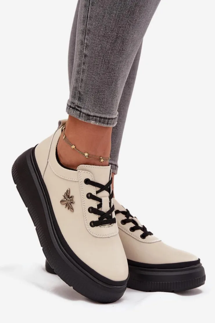 Damskie Buty damskie Vinceza Skórzane Półbuty Damskie Na Platformie Z Przypinką Vinceza 41495 Beżowe